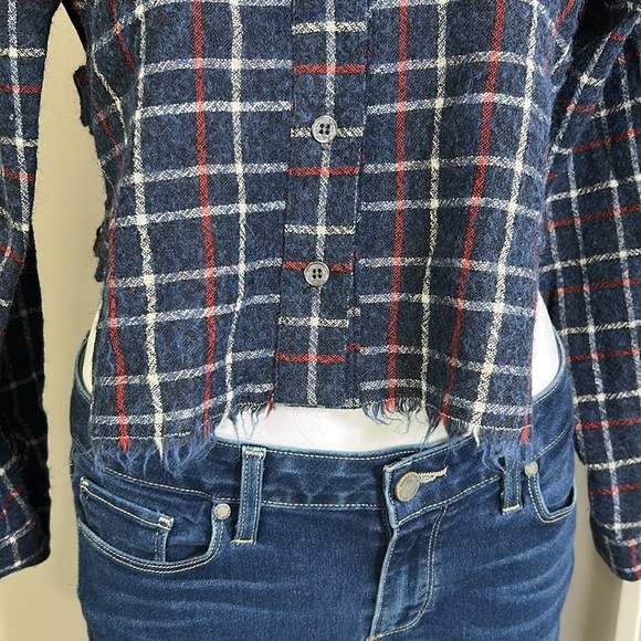 Sea New York Wool Plaid Crop Top Eyelet Lace Back Long Sleeve Navy Blue Sz 2 - Picture 5 of 13